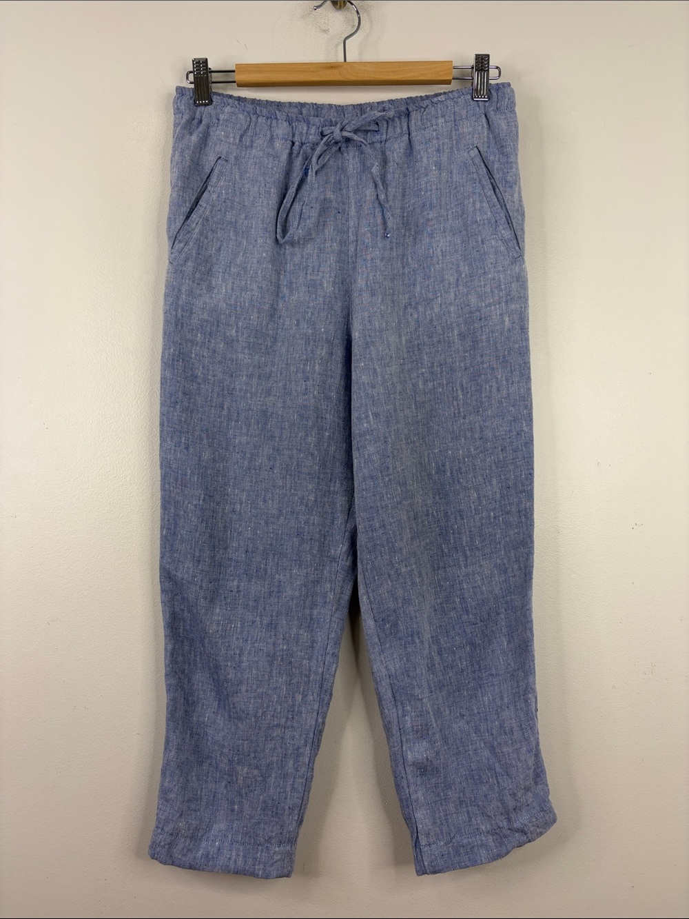 Linen Pants Womens Small Blue Drawstring Cropped Capri Lightweight Resortwear